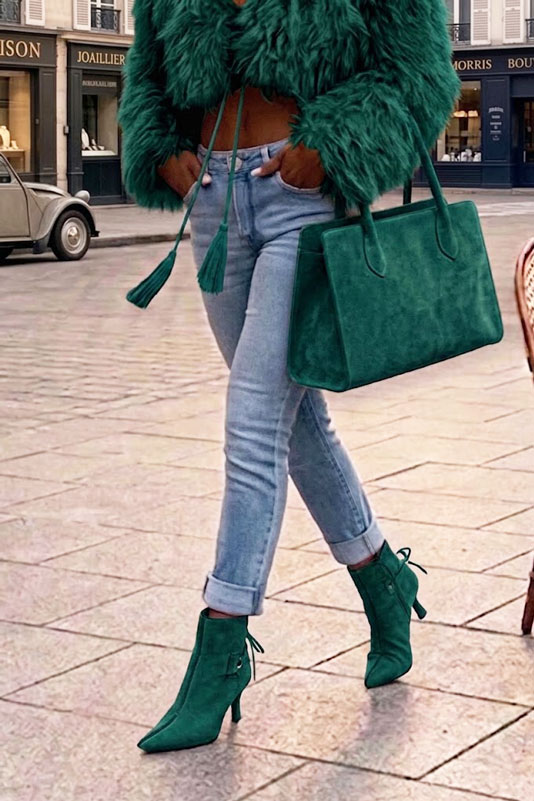 Dress ankle boots back laces in emerald green leather with high slim heels and pointed toe - Worn view